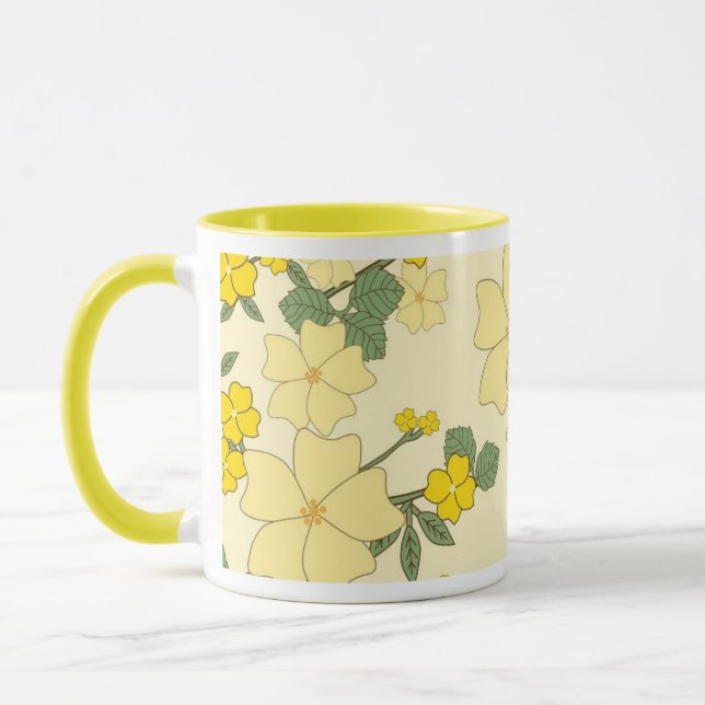 Vintage pastel lemon yellow floral design mug (Left)