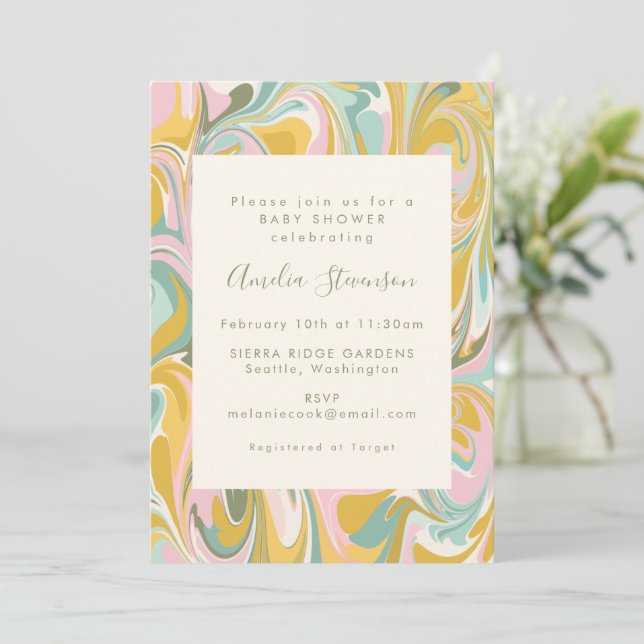 Vintage Pastel Marble Whimsical Modern Baby Shower Invitation (Standing Front)