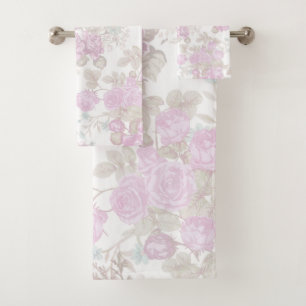 Vintage pastel pink green romantic roses floral bath towel set