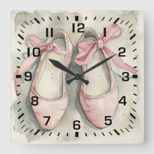 Vintage Pastel Pink Ribbon Ballet Flats Square Wall Clock