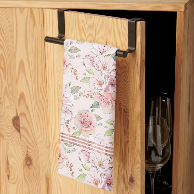 Vintage pastel pink roses pattern tea towel (Thirds Fold)