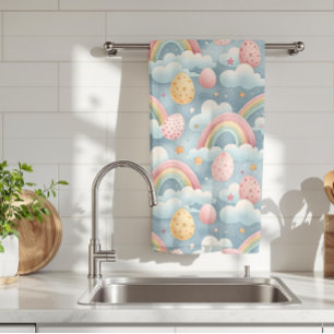 Vintage Pastel Rainbow Easter Eggs with Clouds Tea Towel