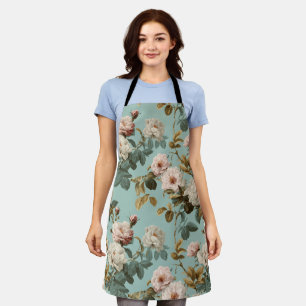 Vintage Pastel Rose Mint Floral Pattern Apron