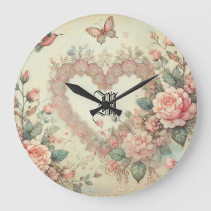 Vintage Pastel Watercolor Boho Floral Hearts Large Clock