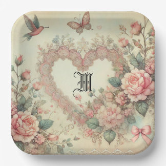 Vintage Pastel Watercolor Boho Floral Hearts Paper Plate