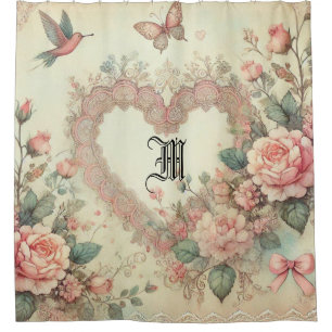 Vintage Pastel Watercolor Boho Floral Hearts Shower Curtain