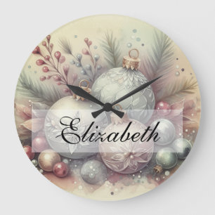Vintage Pastel Watercolor Christmas Ornaments Large Clock