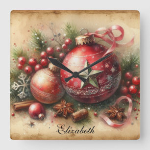 Vintage Pastel Watercolor Christmas Ornaments Square Wall Clock
