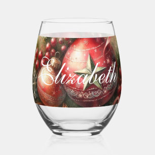 Vintage Pastel Watercolor Christmas Ornaments Stemless Wine Glass