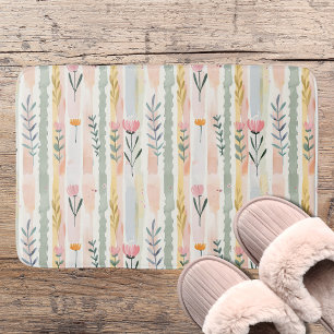 Vintage Pastel Watercolor Floral Stripes Bath Mat