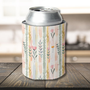 Vintage Pastel Watercolor Floral Stripes Can Cooler