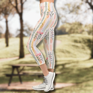 Vintage Pastel Watercolor Floral Stripes Capri Leggings