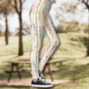 Vintage Pastel Watercolor Floral Stripes Leggings