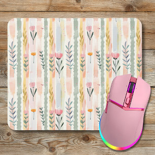 Vintage Pastel Watercolor Floral Stripes Mouse Mat