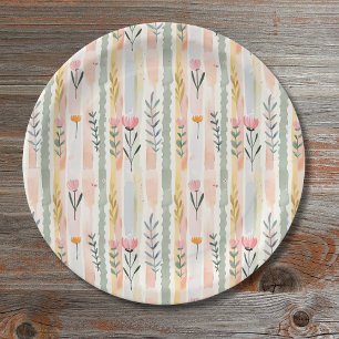 Vintage Pastel Watercolor Floral Stripes Paper Plate