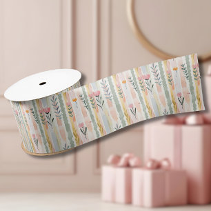 Vintage Pastel Watercolor Floral Stripes Satin Ribbon