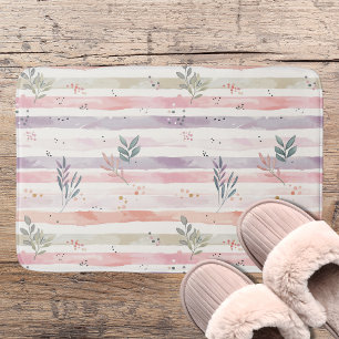Vintage Pastel Watercolor Stripes Leaves Bath Mat