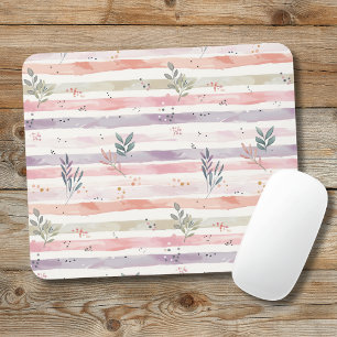 Vintage Pastel Watercolor Stripes Leaves Mouse Mat