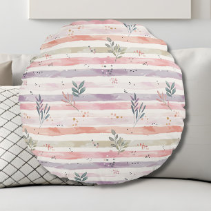Vintage Pastel Watercolor Stripes Leaves Round Cushion