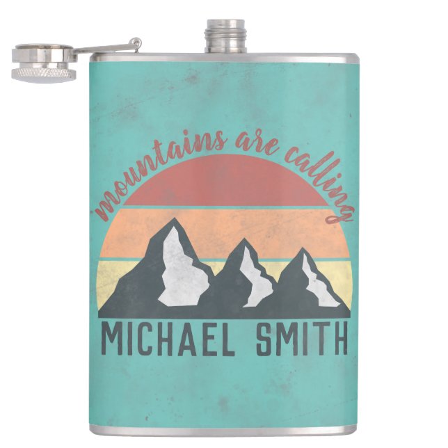 Vintage pastels mountains are calling monogram hip flask (Opened)