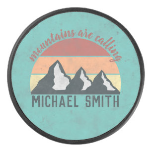 Vintage pastels mountains are calling monogram hockey puck