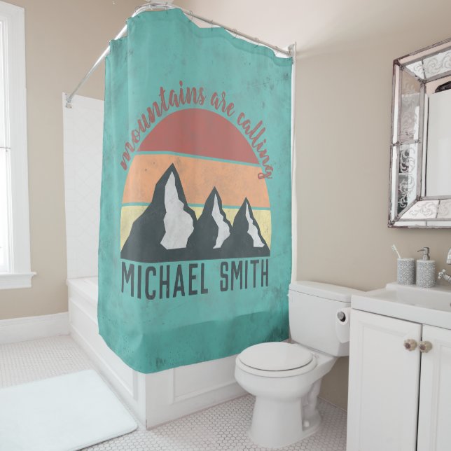 Vintage pastels mountains are calling monogram shower curtain (In Situ)