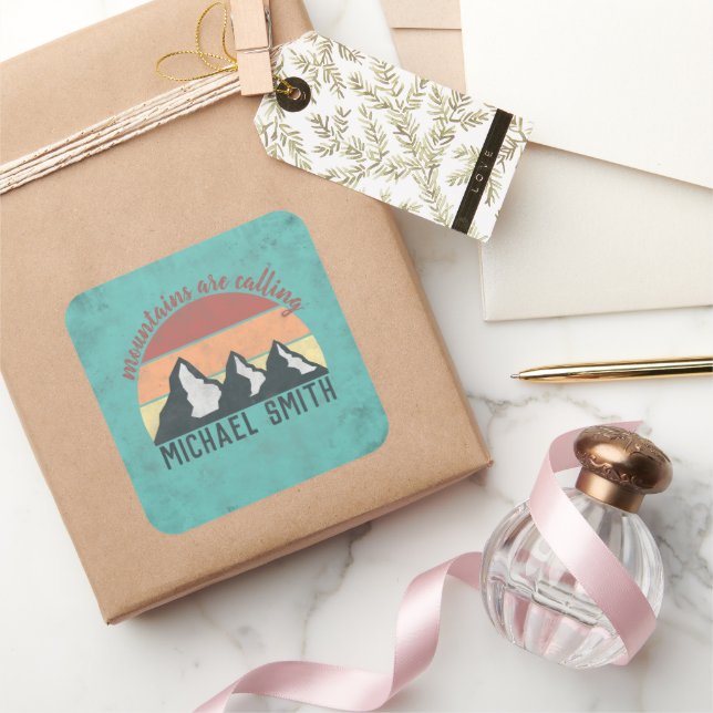 Vintage pastels mountains are calling monogram square sticker (Gifting)