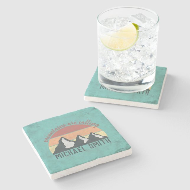 Vintage pastels mountains are calling monogram stone coaster (Side)