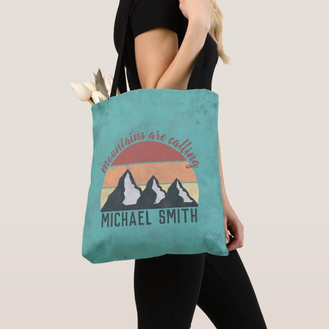Vintage pastels mountains are calling monogram tote bag (Close Up)