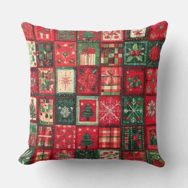Vintage Patchwork Christmas Throw Pillow (Front)