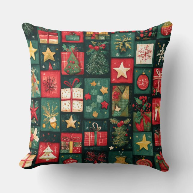 Vintage Patchwork Christmas Throw Pillow (Front)