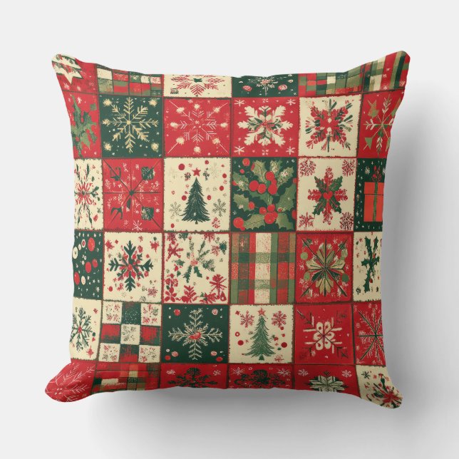 Vintage Patchwork Christmas Throw Pillow (Front)
