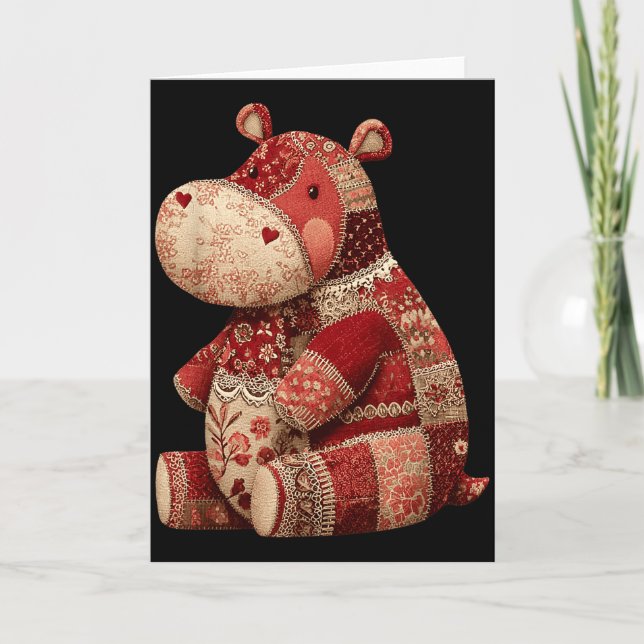 Vintage Patchwork Hippo Cute Boho Nursery  Card (Front)