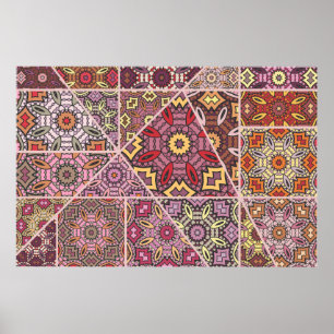 Vintage patchwork quilt pattern. Vintage decorativ Poster