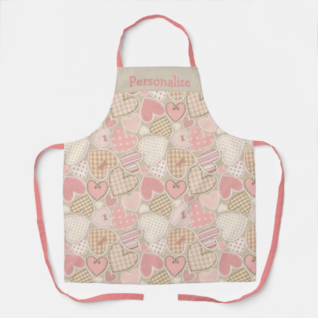 Vintage Patchwork Quilt Pink Hearts Women's Apron (Front)