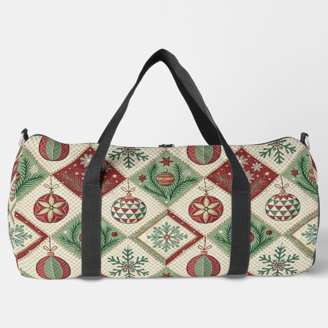 Vintage Patchwork Quilted Christmas Pattern Duffle Bag (Front)