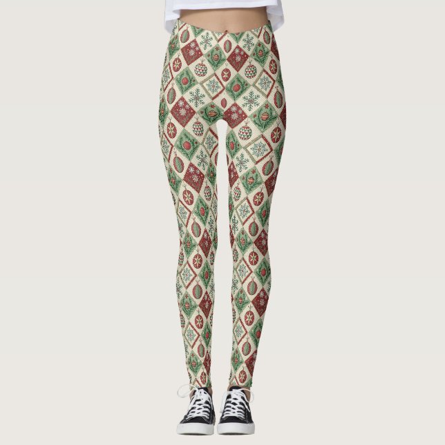 Vintage Patchwork Quilted Christmas Pattern Leggings (Front)