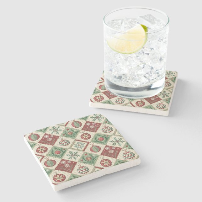 Vintage Patchwork Quilted Christmas Pattern Stone Coaster (Side)