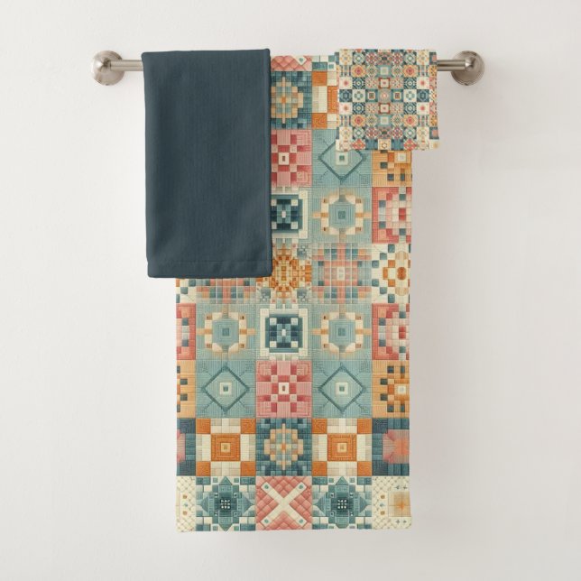 Vintage, patchwork quilted look bath towel set (Insitu)