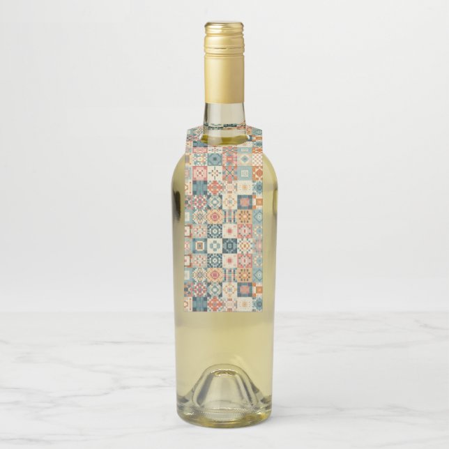 Vintage, patchwork quilted look bottle tag (On Bottle)
