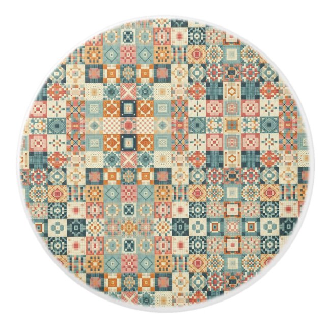 Vintage, patchwork quilted look ceramic knob (Front)