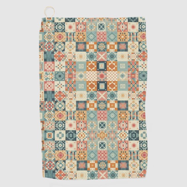 Vintage, patchwork quilted look golf towel (Front)