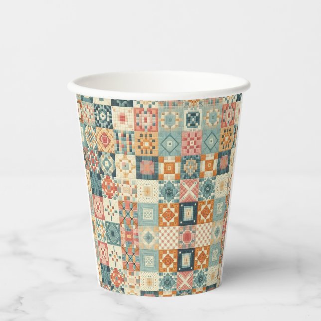Vintage, patchwork quilted look paper cups (Front)