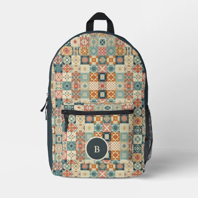 Vintage, patchwork quilted look personalised printed backpack (Front)