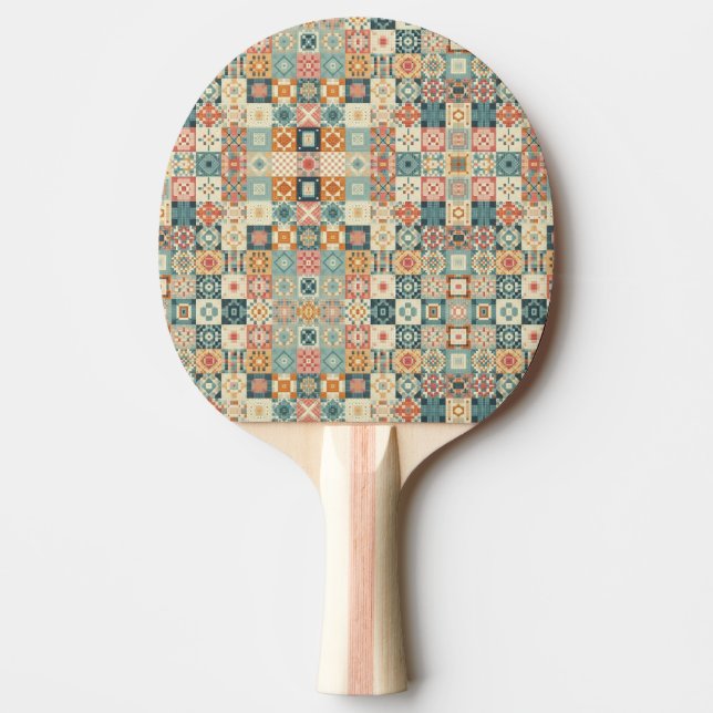 Vintage, patchwork quilted look ping pong paddle (Front)