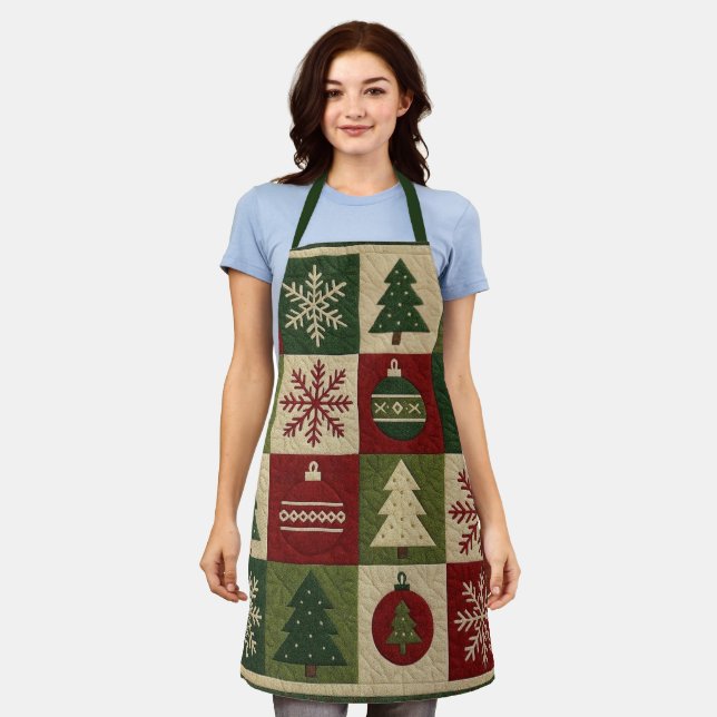 Vintage, patchwork quilted look rustic Christmas Apron (Worn)