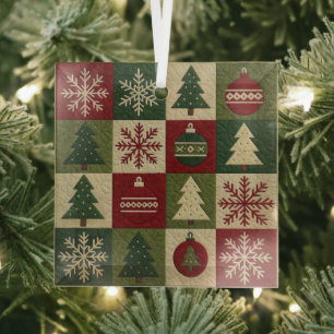 Vintage, patchwork quilted look rustic Christmas Glass Tree Decoration