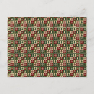 Vintage, patchwork quilted look rustic Christmas Holiday Postcard