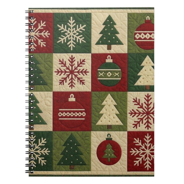 Vintage, patchwork quilted look rustic Christmas Notebook (Front)