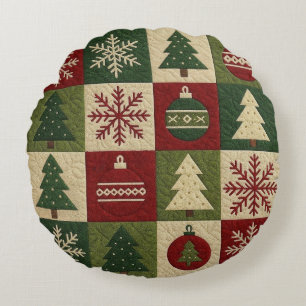 Vintage, patchwork quilted look rustic Christmas Round Cushion